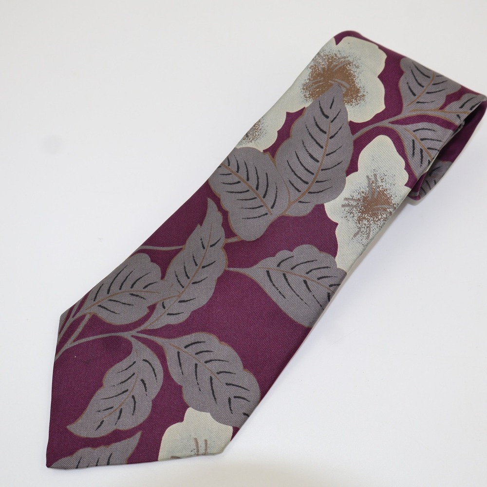 Mallory & Church Floral‎ Necktie Mens OS Plum Purple Grey Botanical Leaf London
